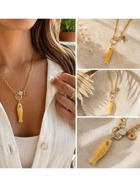 Mannaz Designs Yellow Jade Fish Pendant Necklace Gold Tone Handmade